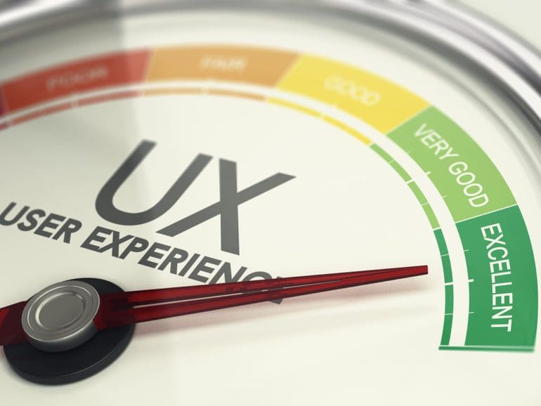 3D illustration of an user experience gauge with the needle pointing excellent UX. Marketing concept