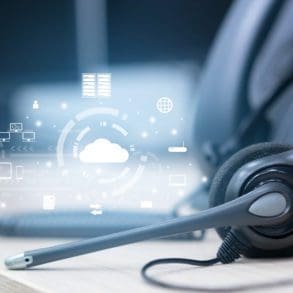 close up on headset telephone with cloud data center to synchronize on SaaS host server to working on system for futuristic technology and business marketing concept