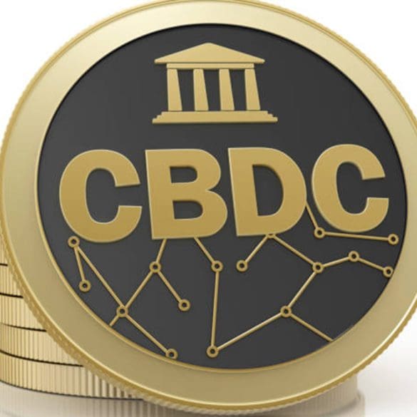 3d render. Coin CBDC isolated on white background . Gold coin with CBDC Symbol, network and bank building.