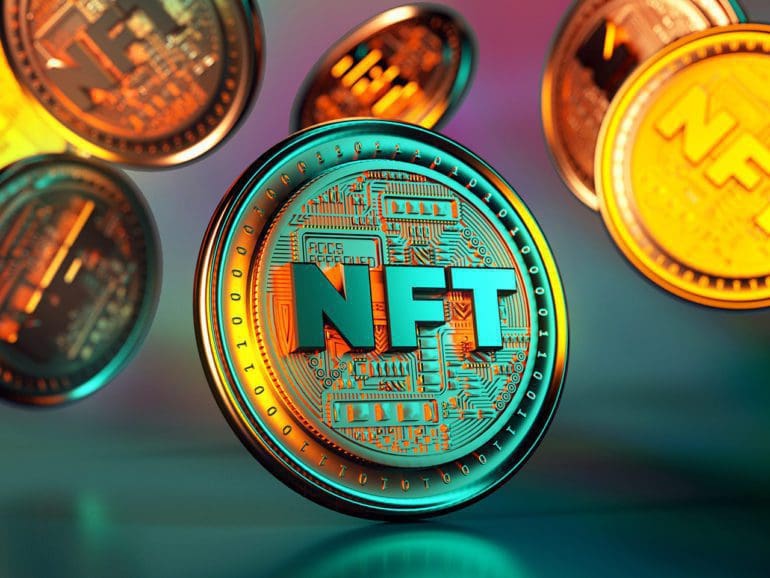 NFT non fungible token golden coins falling. Trendy cryptocurrencies and coins on the blockchain technology. Close up view of crypto money in 3D rendering