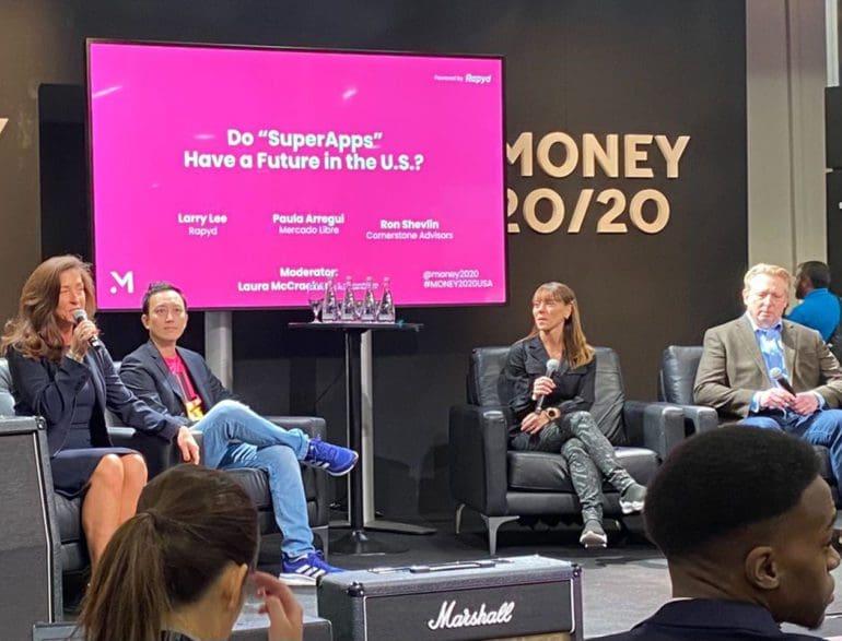 Laura McCracken Managing Director, eCommerce & Payments (Far left,) Larry Lee Global Head of Financial Networks Rapyd (Center Left,) Paula Arregui COO Mercado Pago (Center Right,) and Ron Shevlin Chief Research Officer Cornerstone Advisors on the Build Bold stage at Money 2020, October 25 2022 in Las Vegas Nv