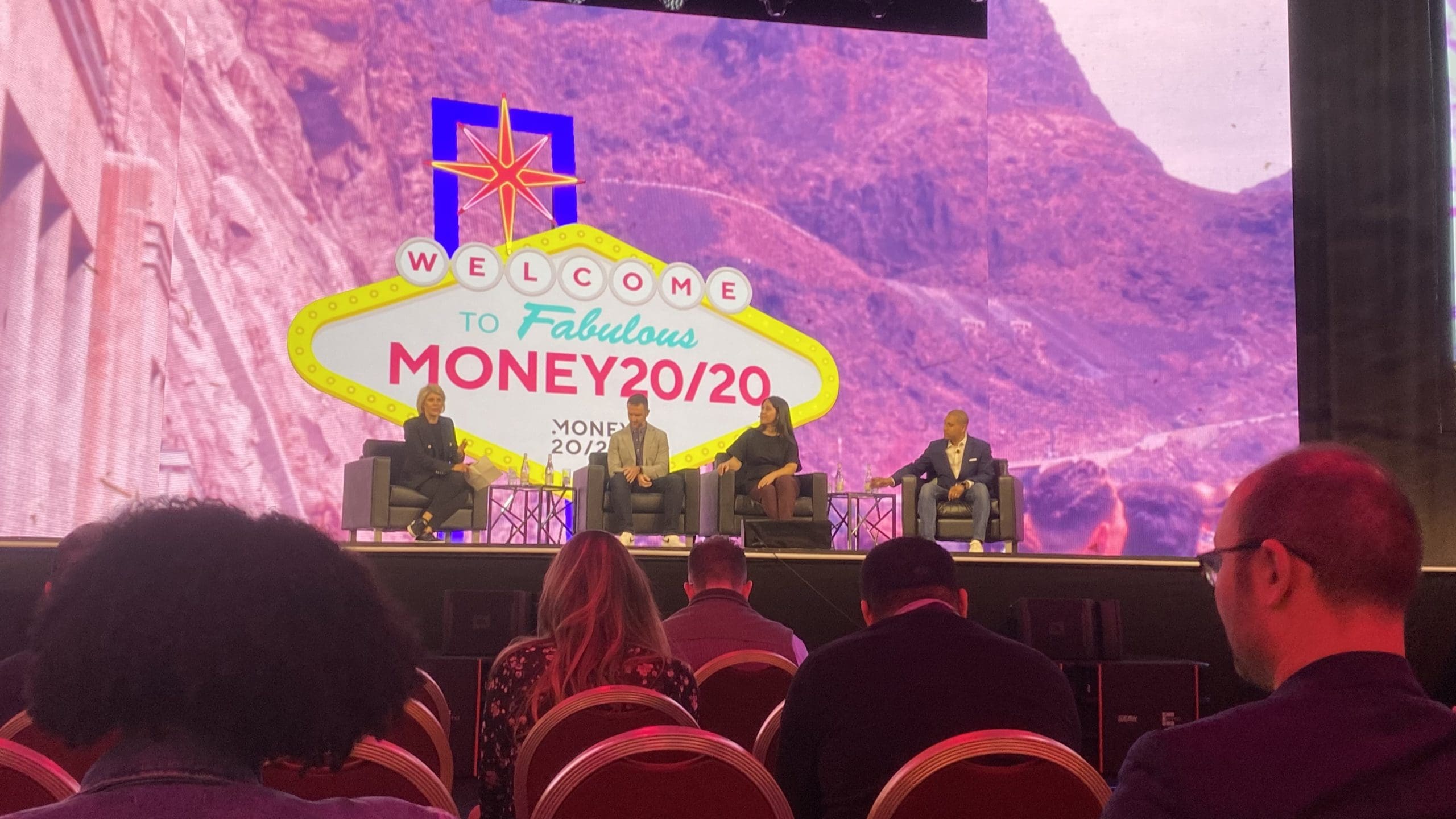 Moderator Penny Lee, CEO of FTA (far left), Nick Catino, Head of Policy at Wise (center left), Leila Perkins, Head of North American Regulatory at Stripe (center right), and Conway Ekpo, director and Assoc. General Counsel at Brex on the Money 20/20 main stage in Las Vegas, Nv, on Oct. 24, 2022.