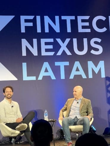 Thales Freitas, left, Bitso Brazil with moderator Andres Fontao, Finnovista, during their session at Fintech Nexus LatAm 2022 in Miami on Dec. 13, 2022.