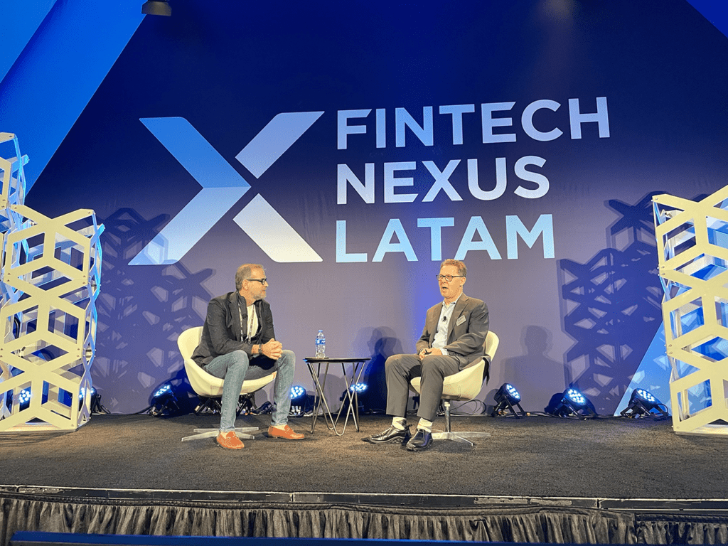 Wagner Ruiz, EBANX, left, chats with Fintech Nexus chairman Peter Renton on the Payments Innovations in Rising Markets session on the keynote stage.