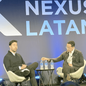 Adalberto Flores of Kueski, left, chats with moderator Pepe Bolanos of Cometa in first session at Fintech Nexus LatAm 2022 in Miami on Dec. 13, 2022.