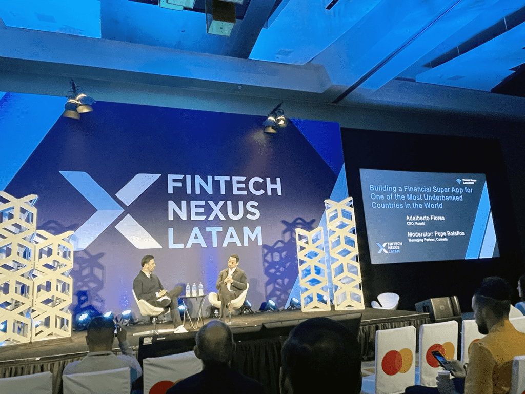 Adalberto Flores of Kueski, left, chats with moderator Pepe Bolanos of Cometa in the first keynote session at Fintech Nexus LatAm 2022 in Miami on Dec. 13, 2022.
