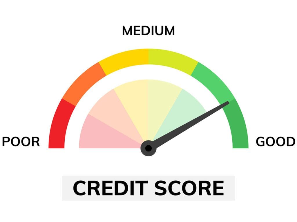 Credit score assessment icon. Speedometer gauge green good and bad credit score rating