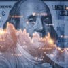 Benjamin Franklin face on USD dollar banknote with red decreasing stock market graph chart for symbol of economic recession crisis concept.