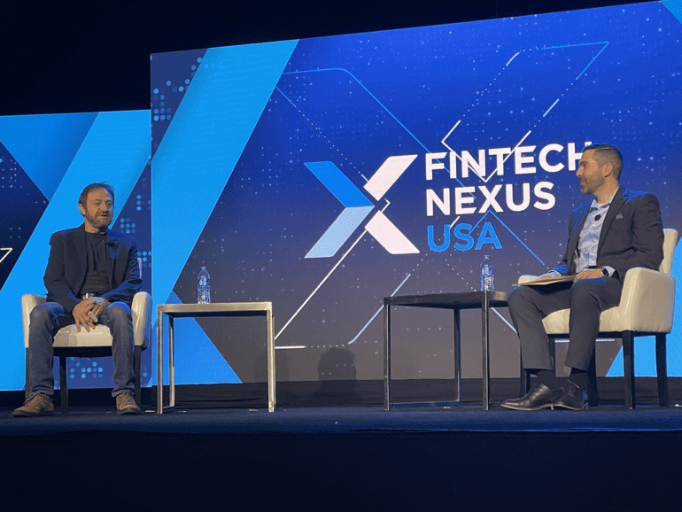 Alex Touma, Partner at Allen & Overy, interviews Simon Khalaf, Chief Executive Officer at Marqeta, Inc., on the keynote stage on Thursday at Fintech Nexus USA 2023 at the Javits Center.