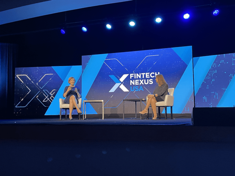 Caitlin Long, Founder & CEO of Custodia Bank, left, is interviewed by Jo Ann Barefoot, Co-Founder & CEO of Alliance for Innovative Regulation, on the keynote stage at Fintech Nexus USA 2023 at the Javits Centre in New York. | John K. White, Fintech Nexus.
