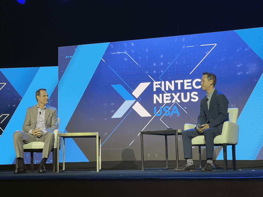 Hugh Son, Banking Reporter at CNBC (right), interviews Renaud Laplanche CEO of Upgrade, Inc.