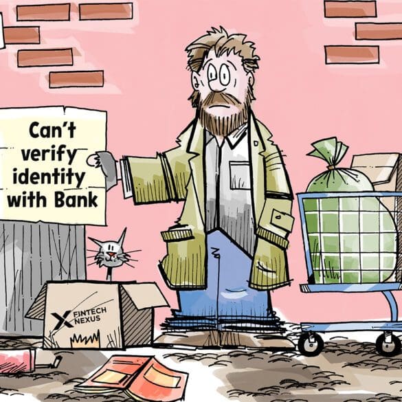 Homeless person holding sign that says can't verify identity with bank